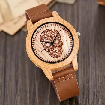 Reloj de madera de bambú para hombre y mujer, cronógrafo creativo de cuarzo, imitación de madera de bambú, pulsera con cabeza de calavera de cuero marrón