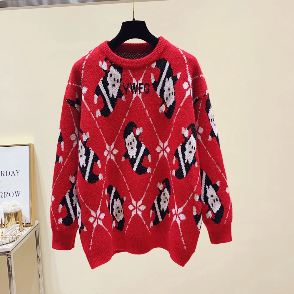 

Christmas Women Sweater Loosen Big Size Red Roora Street Style Out Wear Knitted Black Female Pullover Clothing Winter