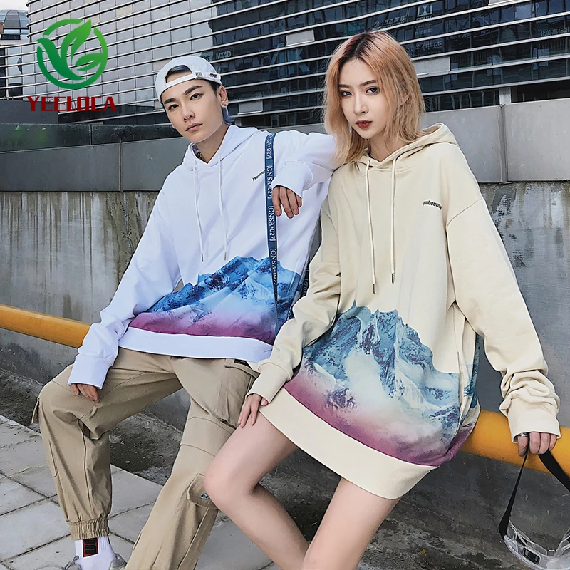 

2019 New Gradient Snow Mountain Print Lovers Hooded Men and Women Sweatshirt Hip Hop High Street Oversize Fashion Wild Shirt