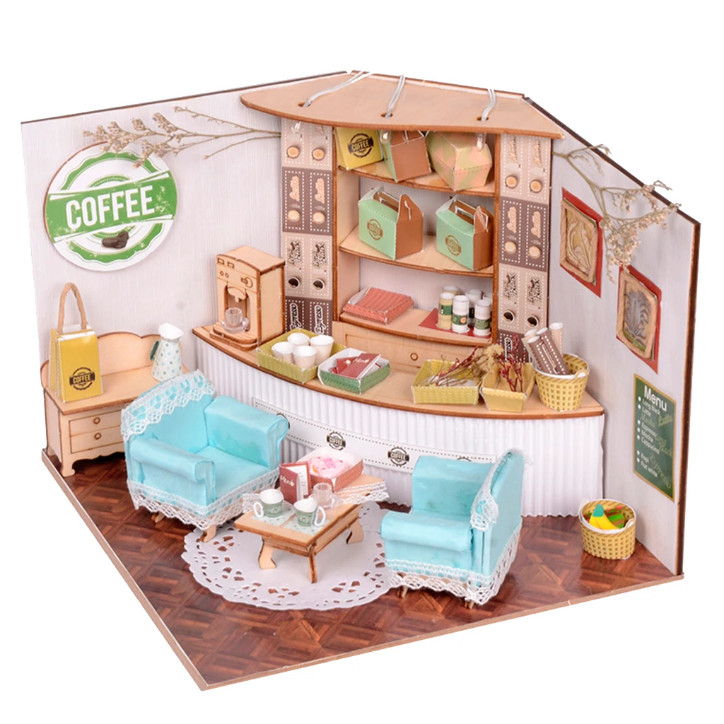 1/24 DIY Miniature Doll House Wooden Simple Coffee Shop with Furniture, LED Light