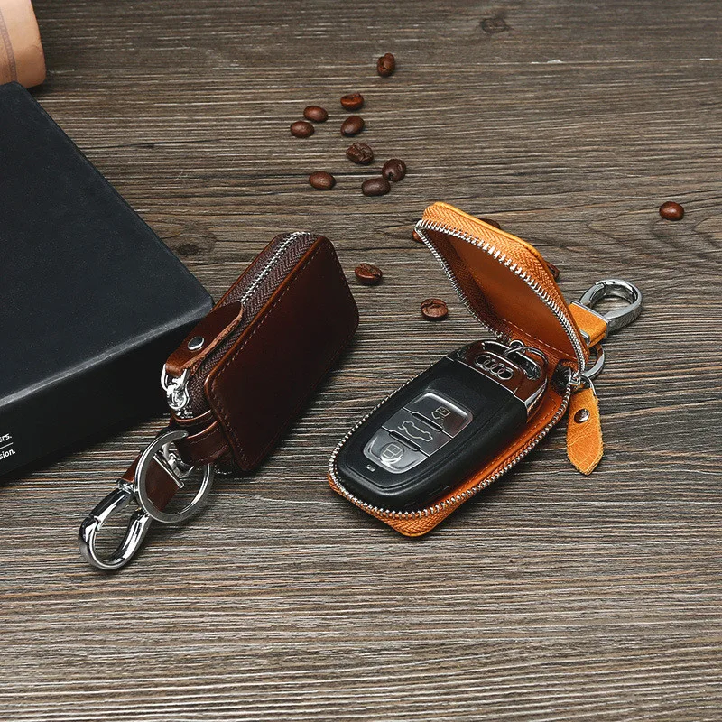 

Cow Leather Car Key Case with Key Ring Oil Wax Texture Keychain Men's Zipper Case Key Bag Household Keys Holder Organizer Pouch