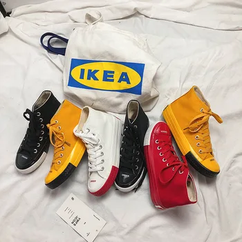 

High Canvas Shoes Spring Autumn New Couple Students Candy Colors Harajuku White Shoes Wild Men's Skateboard Shoes Tennis