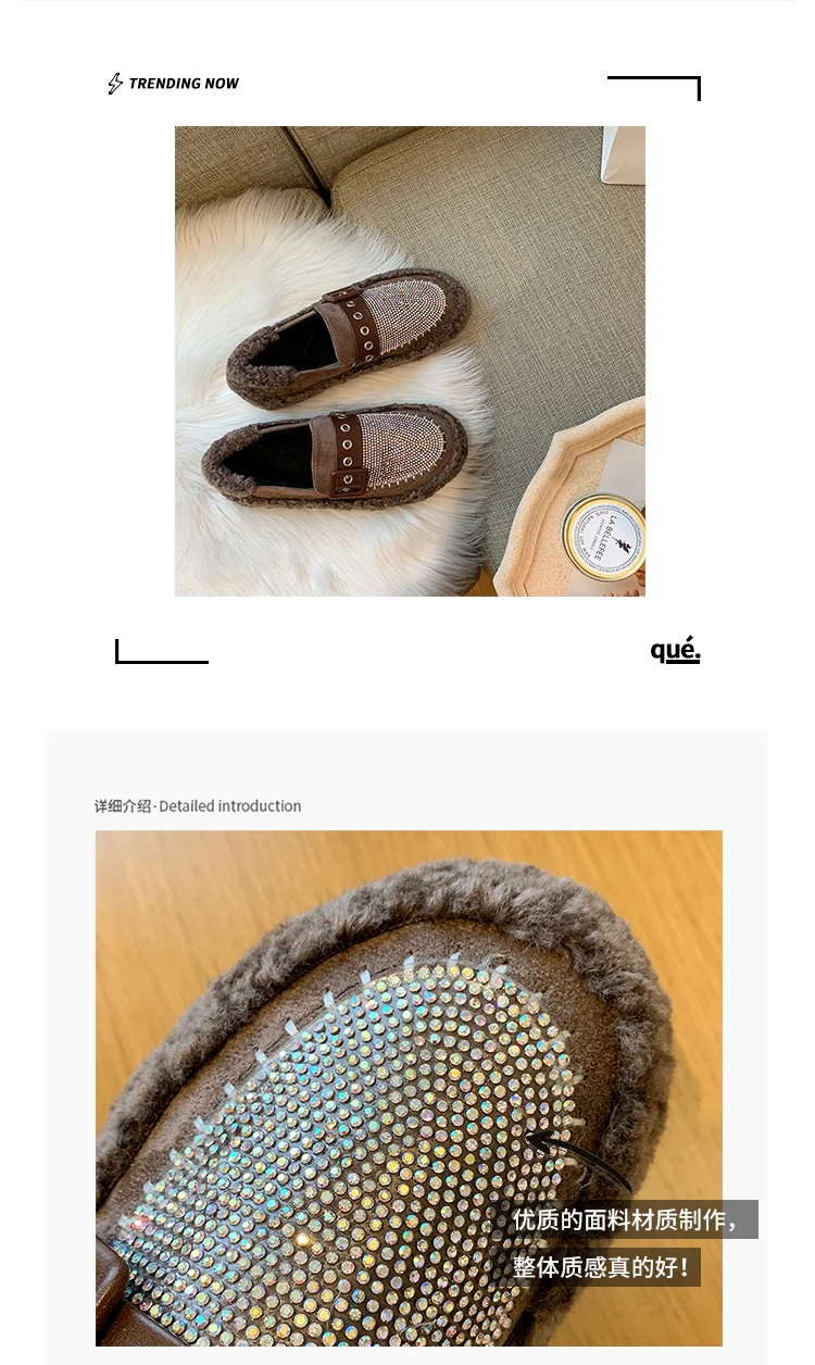 Korean Shoes Women All-Match Casual Female Sneakers Women's Moccasins Round Toe Autumn Loafers Fur Flats Crystal New Fall