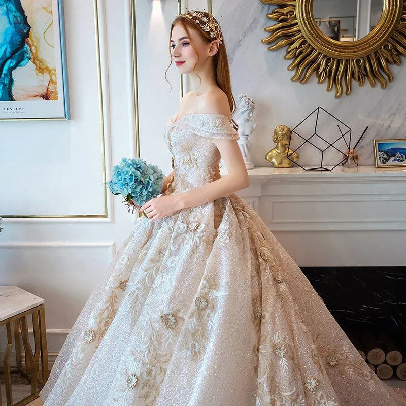 SSYFashion/Новинка; высококачественное свадебное платье; роскошное платье принцессы цвета шампанского со шлейфом; кружевное длинное свадебное платье с цветами; Vestido De Novia