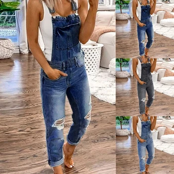 

Women Denim Ripped Jumpsuits Bib Pants Rompers with Pockets Overall Slim Jeans