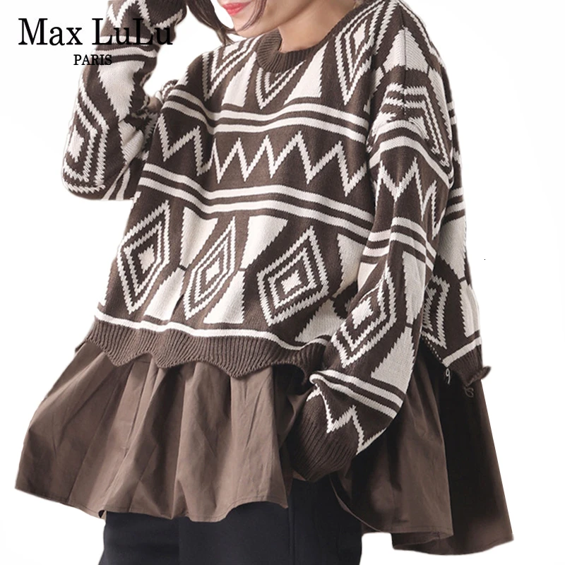 Max LuLu Fashion Korean Winter Ladies Punk Clothes Womens Printed Knitted Pullovers Patchwork Casual Sweaters Plus Size Knitwear | Женская