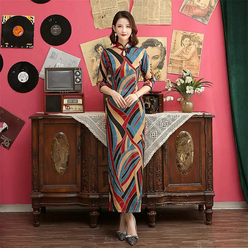 Длинные Cheongsam Новинка китайский стиль платье женские атласные тонкие вечерние платья ручной работы на пуговицах Vestido Размер M-4XL