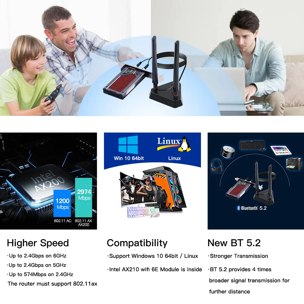 Cartão sem Fio Fenvi Desktop Wi-fi Pcie Wifi Adaptador 2.4ghz - 5g 6g Bluetooth 5.2 802.11ax Intel Ax210ngw Wifi6 Windows 10 6e Ax210 - Imagem 5