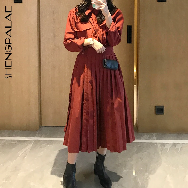 

SHENGPALAE Autumn Spring 2019 Mid-calf Pockets Long Sleeve Slim Vestidos Women Korea Style Temperament Pleated Dress FS867