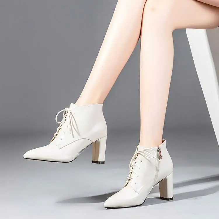 

Pointed thick heel short boots high heels women's boots bare boots short tube and ankle boots Martins boots head layer cowhide