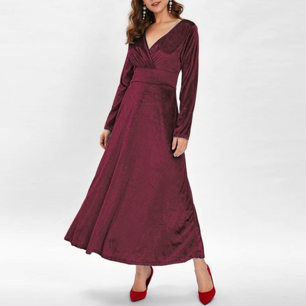 Autumn Women Dress Casual Full Sleeve V-Neck Ruched Dresses Thin Floral Solid Color Long Kaftan Dress Spring Ladies Girls 806