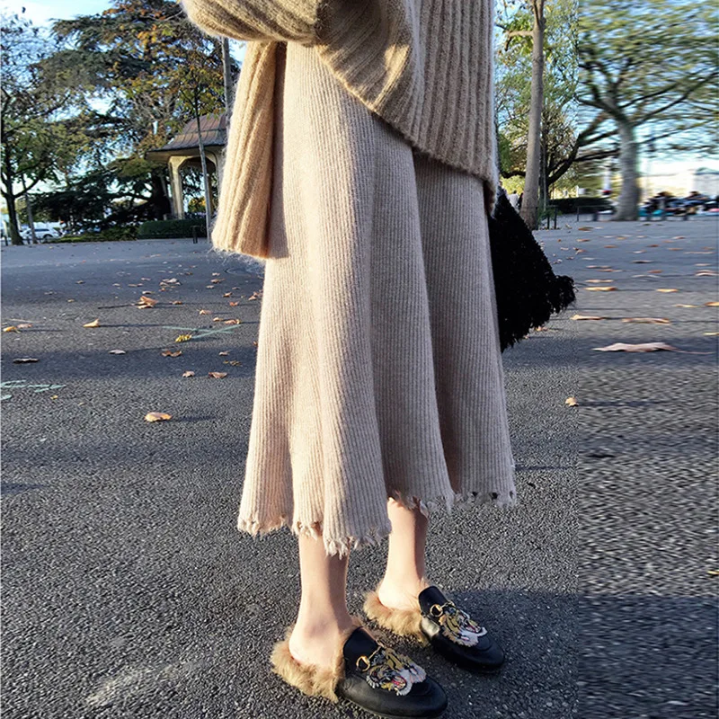 

2019 Autumn Kintted Skirt Women Casual Elastic High Waist Pleated Skirts Femme Faldas Saia A-line Skirts Jupe Femme Streetwear