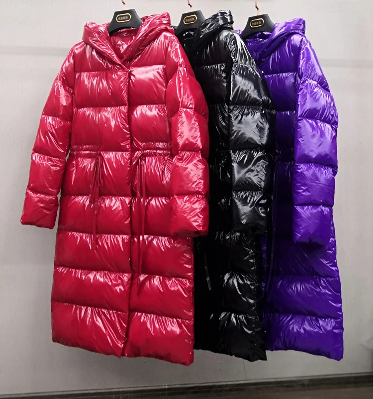 

Patent leather glossy Jacket Women Winter Down Jacket Female Long Slim Waterproof Dustproof Washable hooded 90% Duck Down Coat