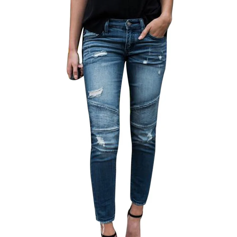 OEAK Slim Fit плиссированные отверстие стрейч узкие облегающие штаны модный стиль сексуальный Повседневное Для женщин джинсы Прямые джинсы с Высокая Талия - Цвет: Light Blue