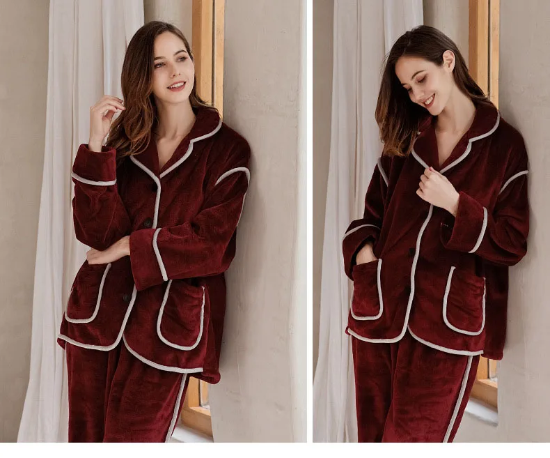 Зимние пижамные комплекты для женщин, утепленные фланелевые комплекты из 2 предметов, Дамская пижама, пижамный комплект, сплошной цвет, элегантные, большие размеры