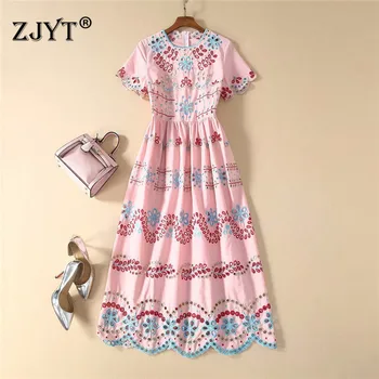 

Short Sleeve Hollow Out Embroidery Midi Dress Women New Fashion 2020 Spring Summer Fashion Designers Runway Dress Party Vestidos