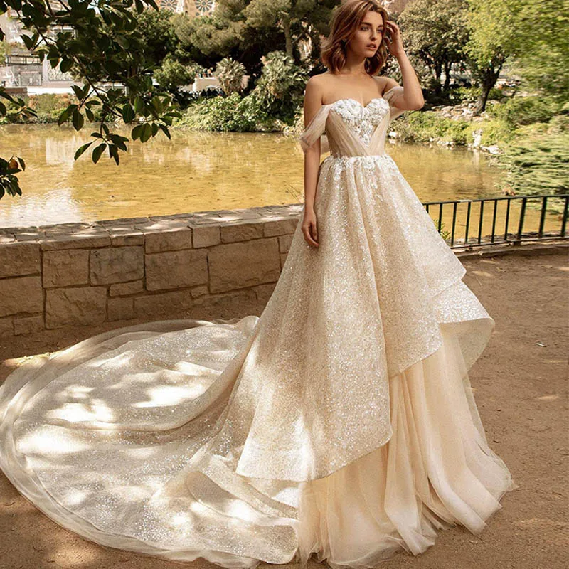 Eightree свадебное платье с блестками роскошное платье vestido de novia с цветочной аппликацией Свадебные платья без спинки Высокое/низкое платье невесты Robe de mariee - Цвет: Gold