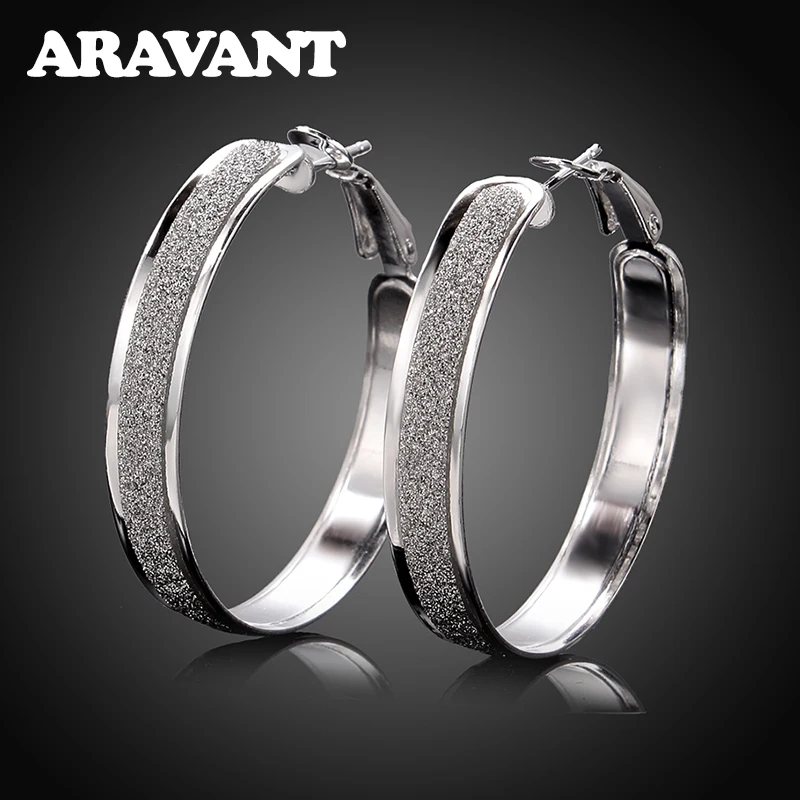 

100% 925 Sterling Silver Hoop Earring For Women 40MM Scrub Big Round Circle Earrings Jewelry Gift