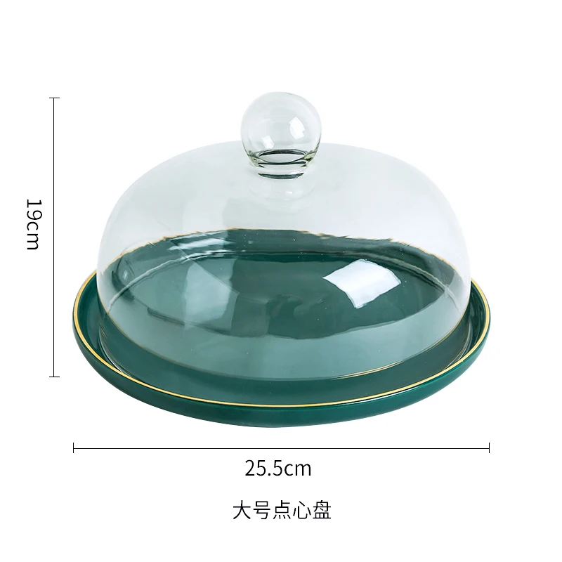 Green Ceramic Cake Pan Glass Cover Round Fruit Plate Cake Stand Snack  Dessert Plate Decorative Display Tray Transparent Cover - AliExpress