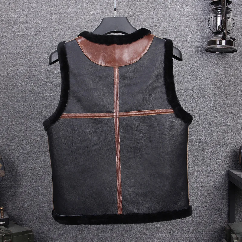 Black Men Keep Warm Slim Fit Genuine Shearling Vest Plus Size XXXL Autumn Casual Russian Leather Vest