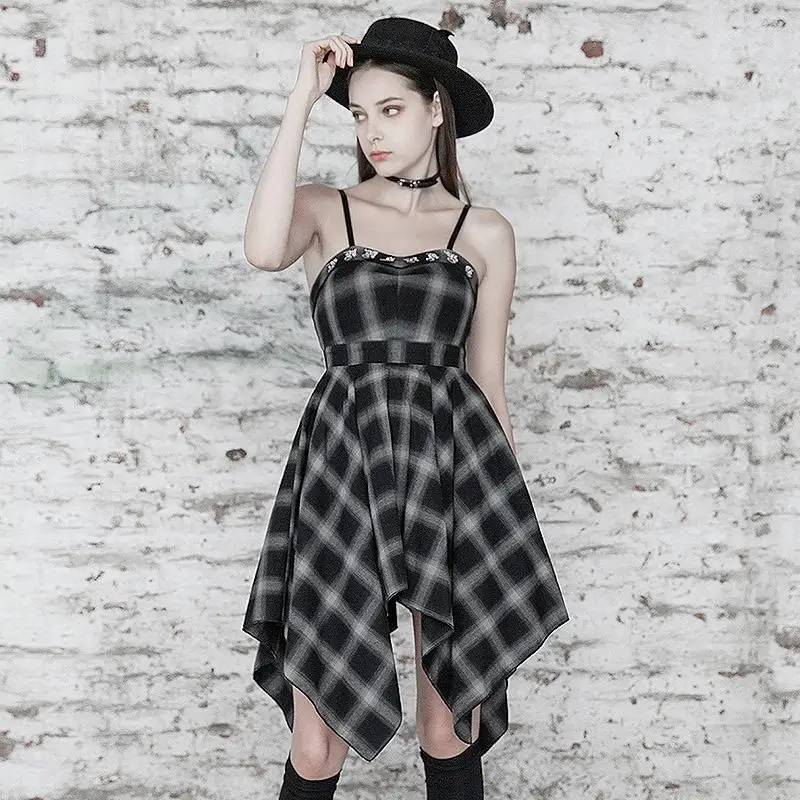 

Punk Rave Women's Goth Plaid Strapless Dress With Irregular Hem PQ493LQ Asia Size S-L