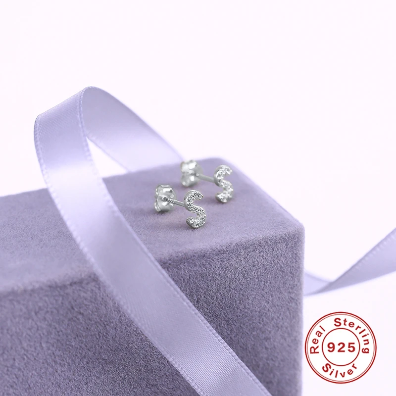 CANNER Small 925 Sterling Silver Alphabet Stud Earrings for Women Exquisite Zircon Cartilage Piercing 26 Letter Earings Jewelry