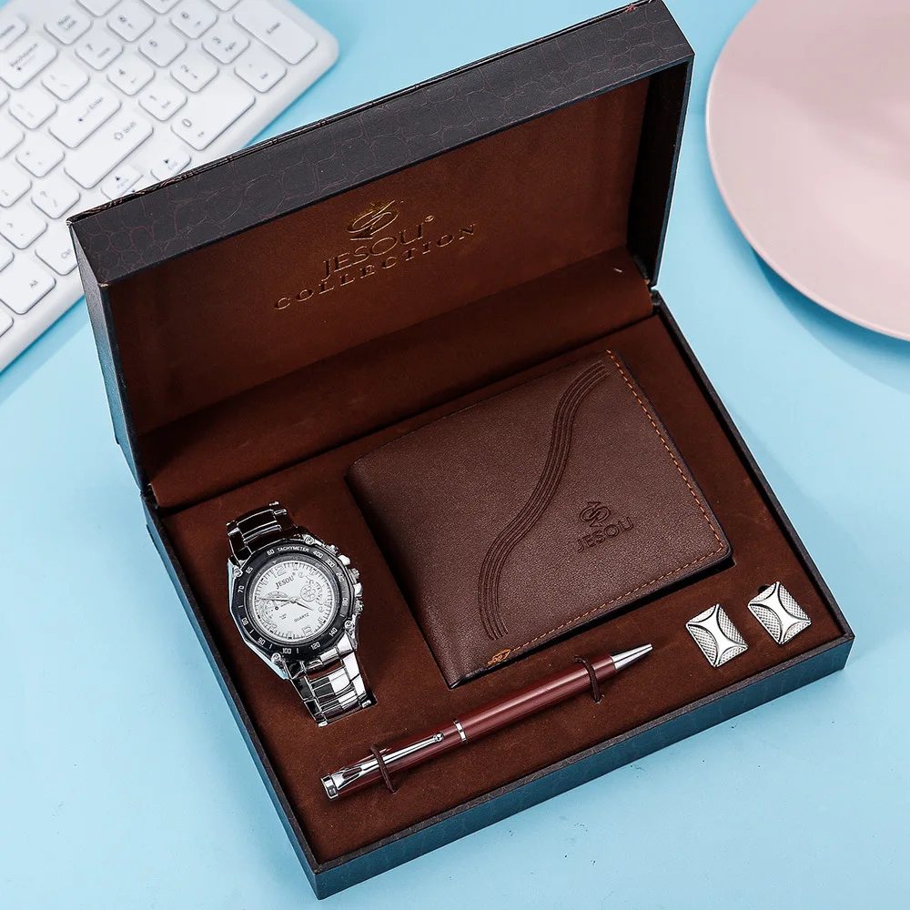 

4-PCS /Set Boutique Gift Set Cufflinks + Wallet + Quartz Watch + Pen Gift Good Choice