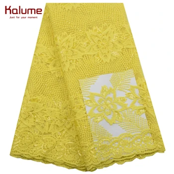 

Kalume Yellow African Dry Lace Milk Silk Lace Fabric New Arrival Nigerian Tulle Lace Fabric With Sequins For Party Sewing F1875