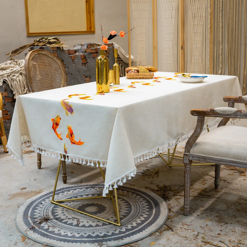  Embroidery Fish Decorative Linen Tablecloth With Tassel Waterproof Oilproof Thicken Rectangular Wed