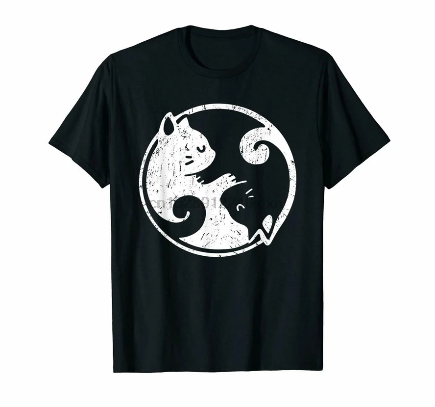 Black Yin Yang Cats Cute Kawaii Cat Lover Yoga Gift T-Shirt 100% Cotton Basic Models Tee Shirt |