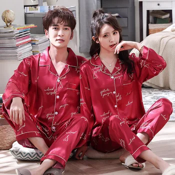 

Sexy satin couple pajamas set for lovers Quality Pjs Home Suit Spring women&men Sleepwear Cardigan Long Sleeved Unisex pyjamas