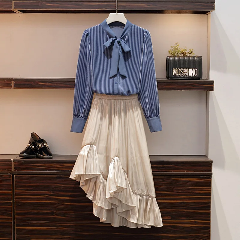 

Office Lady Casual Autumn Two Piece Skirt Set Bow Pleated Blouse And Ruffle Irregular Skirt Plus Size 2Pcs Suit Women Party Wear