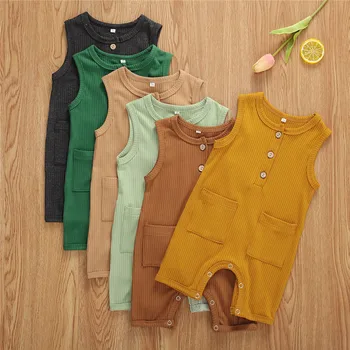 

0-18M Baby Boy Girl Romper Newborn Cotton Sleeveless Summer Single Breasted Clothes Front Packets Solid Color Knitted Jumpsuit