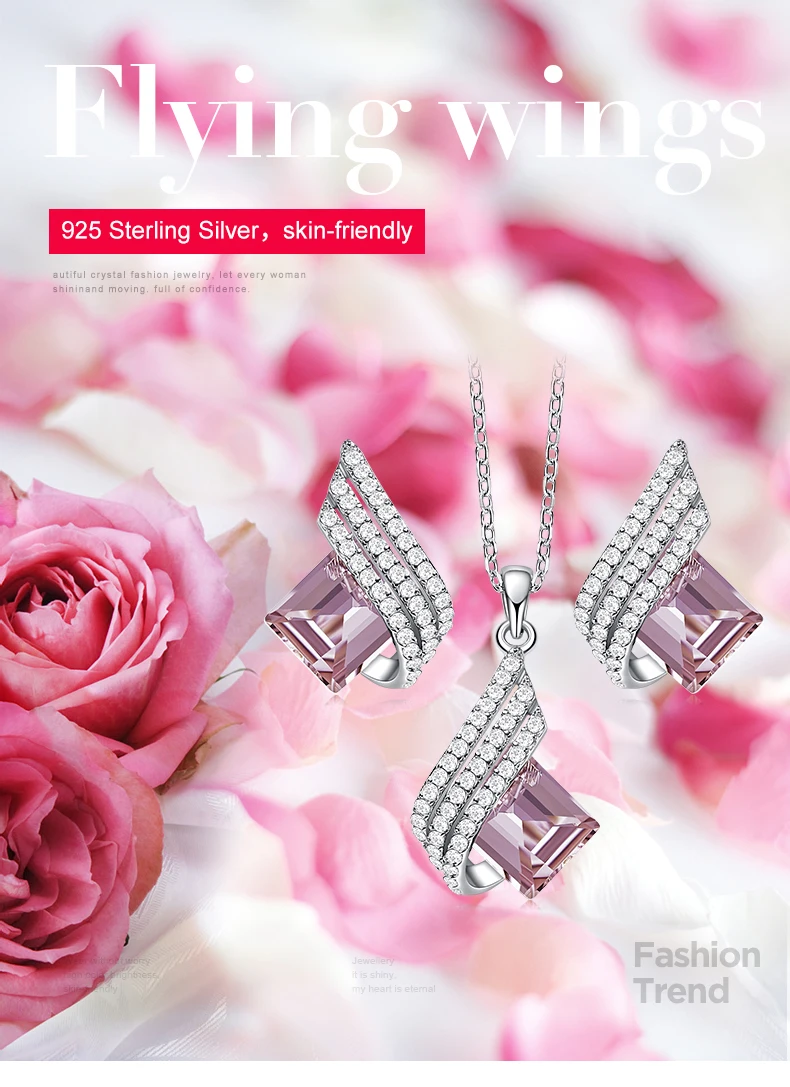 Cdyle минималистичные Изящные серьги с подвеской из розового циркония, набор свадебных ювелирных изделий для женщин, серебро 925, летающие крылья