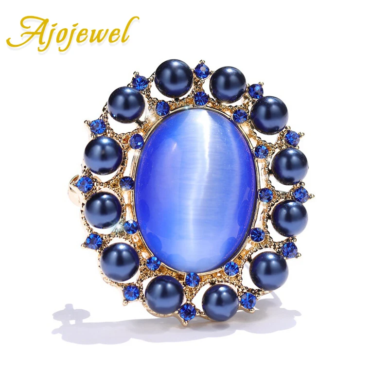 Ajojewel, роскошная голубая Опаловая овальная брошь, женские броши с искусственным жемчугом с фианитами, ювелирные изделия, подарки для девочек, стильные булавки для воротника