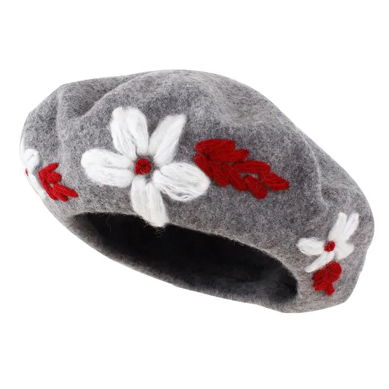 Beret Hand-Made Embroidered Flower Berets Women Autumn Winter Japanese-style Sweet Painter Cap Wool nan gua mao Korean-style