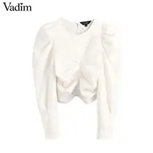 Vadim, милый, женский короткий стиль блузка плиссированные с длинным рукавом-буфами женские стильные однотонные рубашки модные белые топы blusas LB465