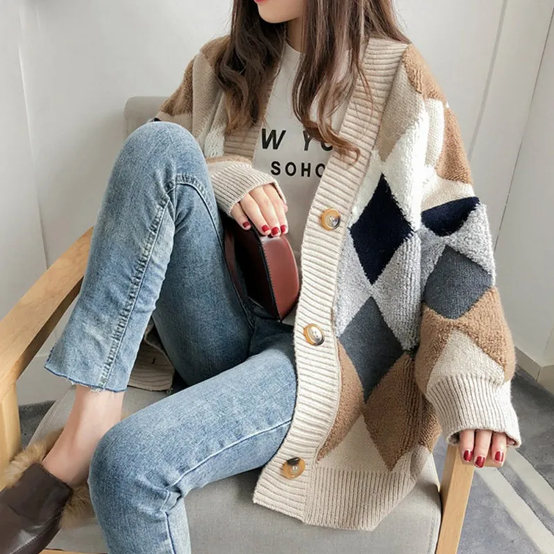 

Women's Sweaters Autumn Cardigan 2019 Fashion Casual Plaid V-Neck Lady Cardigans Single Breasted Puff Sleeve Loose Soft Female