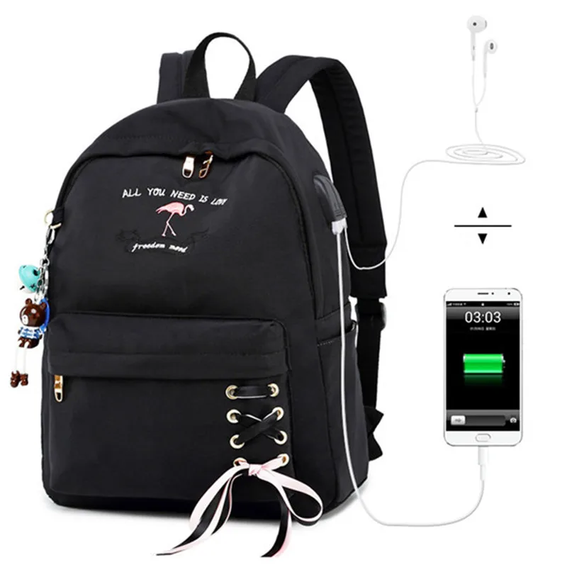 

Women Backpack Cute Female Laptop USB Bag Flamingo Printing Earphone Hole Drawstring Bow Design Bookbags Minimalist Anti Theft
