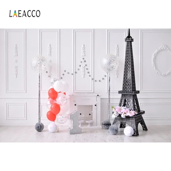 

Laeacco White Wall Balloons Paper Flowers Eiffel Towel Photo Backdrops 1st Birthday Baby Party Photography Backgrounds Photocall