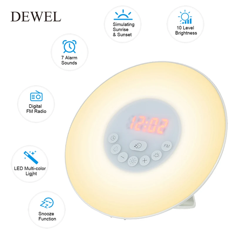 Buy DEWEL LED Digital Alarm Clock Sunrise Wake Up Light Simulation Bedside Lamp Night Light Snooze Sunset FM Radio Memory Function