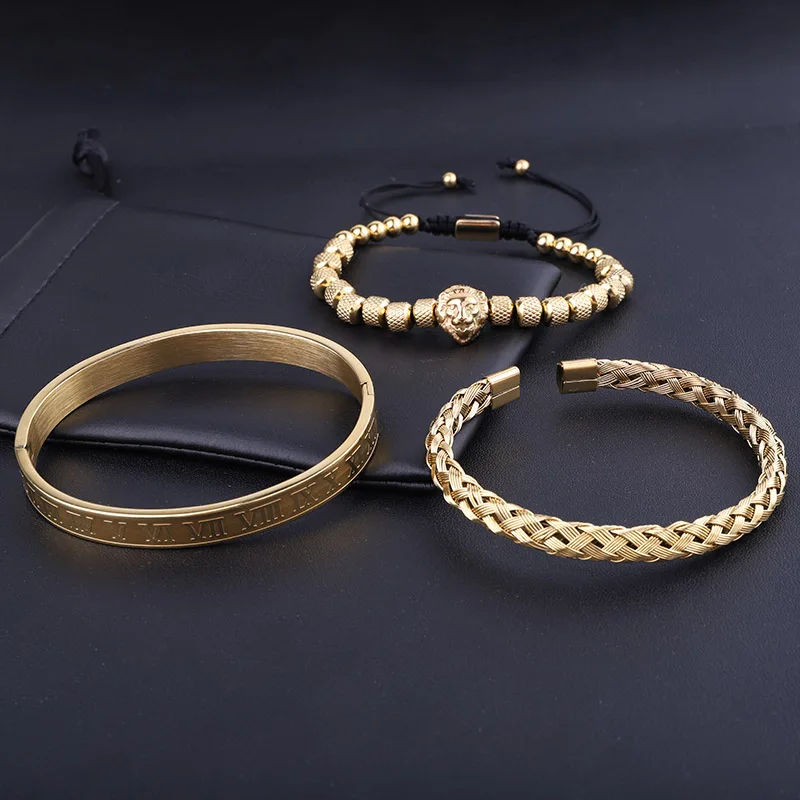 High Quality Luxury Bracelet Set Stainless Steel Roman Bangle Lion Charm Men Jewelry Handmade Braided Macrame Bracelets Men Gift - Image 3