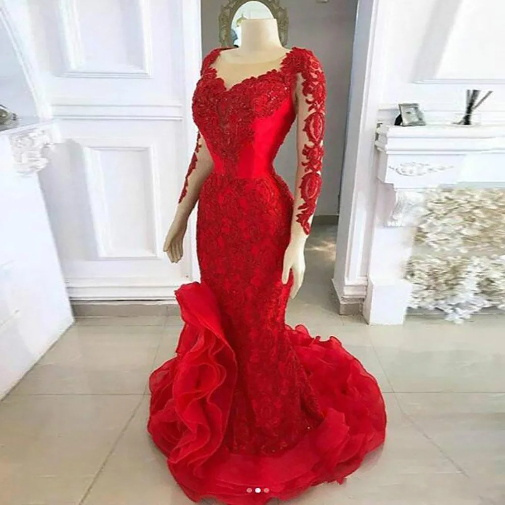 

Scoop Evening Dresses Prom Party Gown Girls Pageant Formal Dress Mermaid Long Sleeve Red Applique Lace Satin New Gown Custom