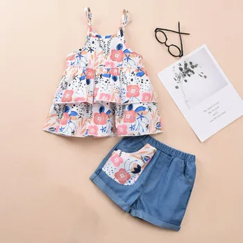 

1-4Y Summer Children Baby Girls Casual Sleeveless Floral Sling Vest Tops + Denim Shorts Outfits Set Kids Girl Clothes 11