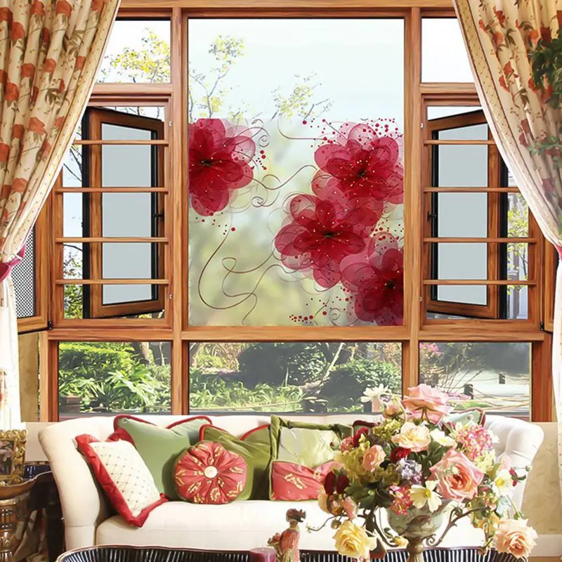 Plant Flowers Removable Light Opaque PVC Frosted Window Sliding Door Bathroom With Glue Glass Film Room Decoration Stickers