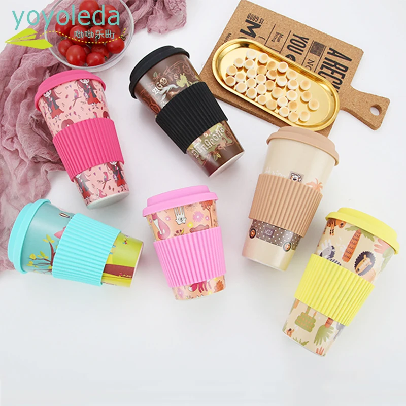 

Reusable Tumbler Bamboo Fiber Coffee Cup Tea Water Espresso Mug Multi-function With Cover Non-slip Silicone Set Drinking Cup