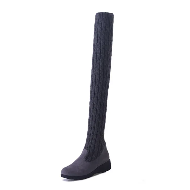 Женские сапоги; коллекция года; сезон осень-зима; женские сапоги до бедра; вязаная шерстяная обувь; высокие сапоги; женские сапоги; цвет коричневый, черный; женская обувь - Цвет: gray