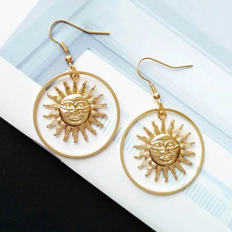 

2019 Handmade Gold Sun Apollo Helios Drop Earrings Geometric Loop Sun Face Dangle Earrings for Women Korean Fashion Jewelry
