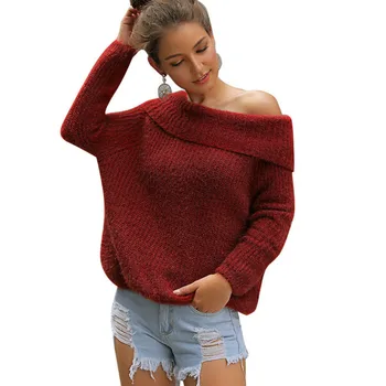 

Women Off Shoulder Baggy Sweater Jumper 2019 Autumn Winter Fashion Ladies Elegant Streetwear Tops