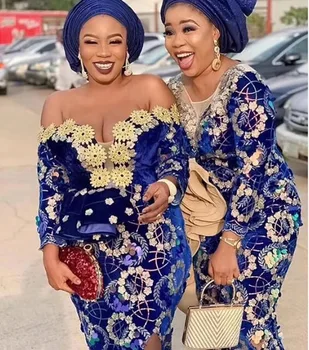 

Latest African lace fabric 2020 High Quality Velvet Lace royal Blue gold Nigerian Lace Fabrics For Wedding dress 5yards New